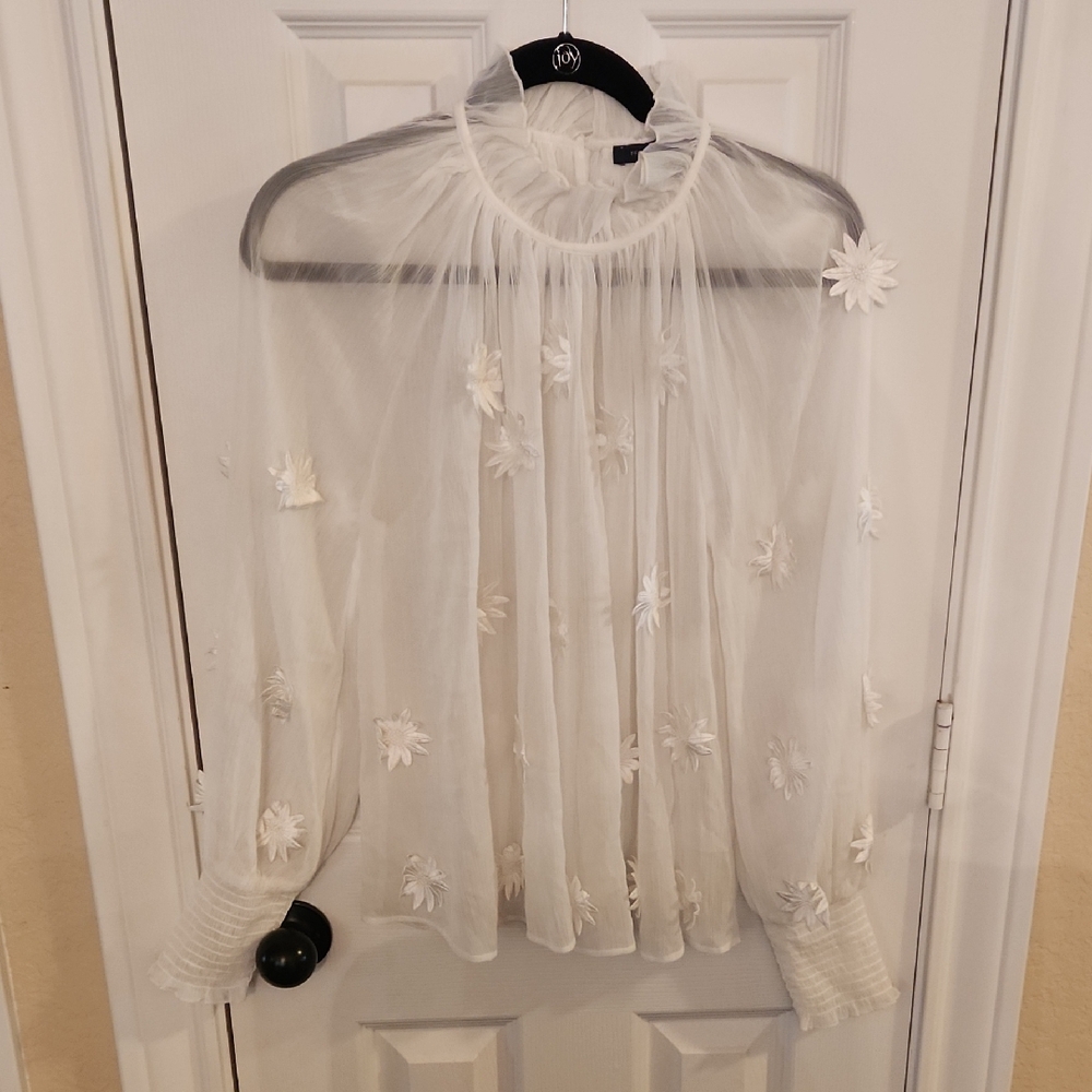 French Connection Sheer Aziza White Floral Long Sleeve Blouse, Sz XS
